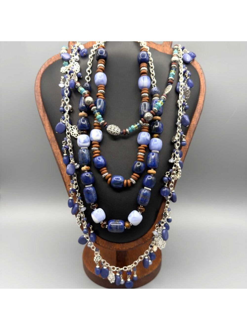 Chaps Ralph Lauren Silver Tone Blue Green Long Beaded Dangle Chain Necklace Set